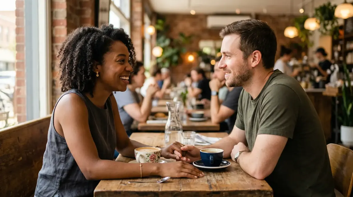 Two people laughing together at a cafe table
