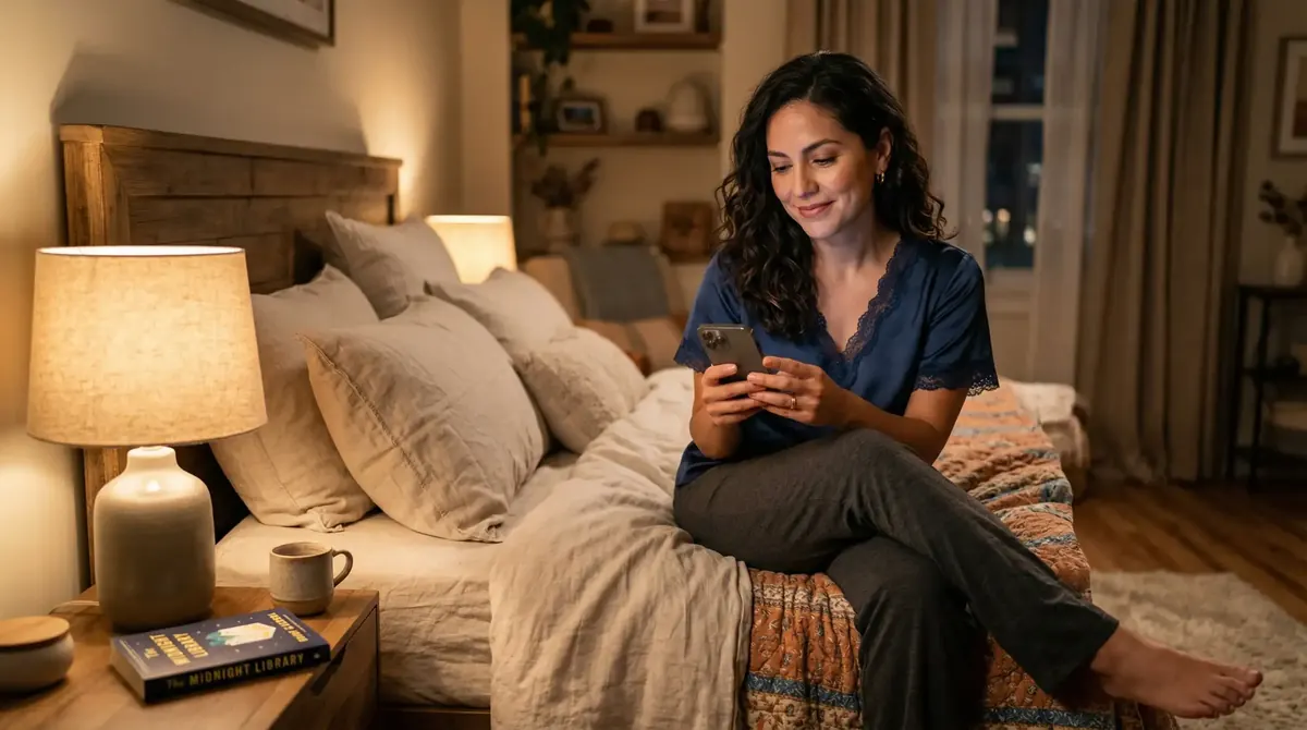 Woman smiling at her phone at home in the evening